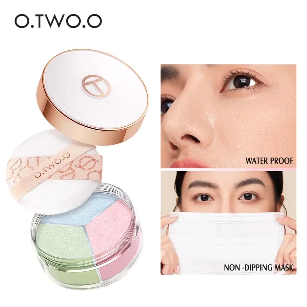 O.TWO.O 3 colori in polvere sciolta nasconde i pori dell'olio Miscela di polvere per il viso Impostazione naturale della polvere Fix Lock Trucco Polvere di finitura opaca
