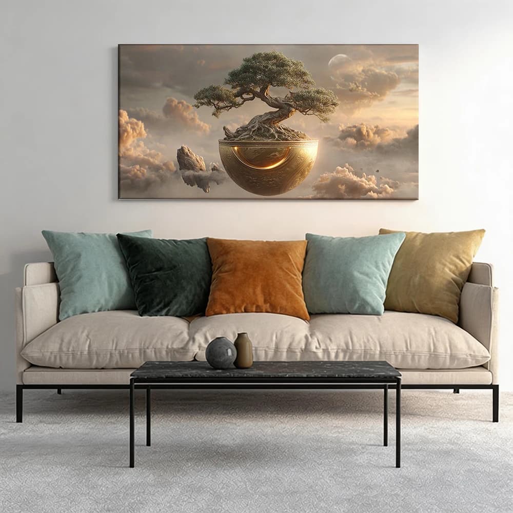 Painted on canvas with large wooden frame, 1 piece, floating bonsai in decorated bowl.