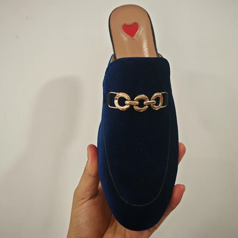 2025 scarpe estive di marca in vera pelle Slip On Large Size ricamo piatto con Slingback pantofole esterne catene in metallo muli