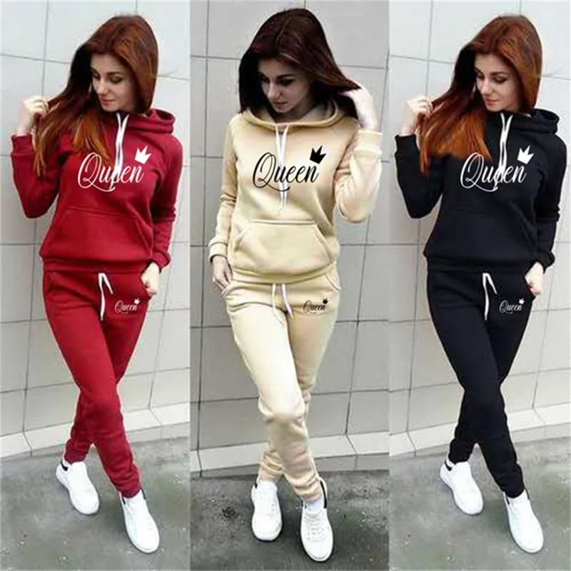 Women's sports suit in 2 pieces with QUEEN print, jogging suit, women's hooded sports suit, hooded sweatshirt + trousers