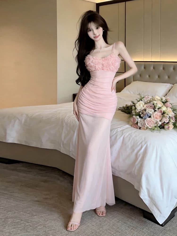 Sweet 3D Flower Lace Folded Strapless Slimming Fish Tail Backless Dress French Style High Waist Summer Casual H-Shape Skirt