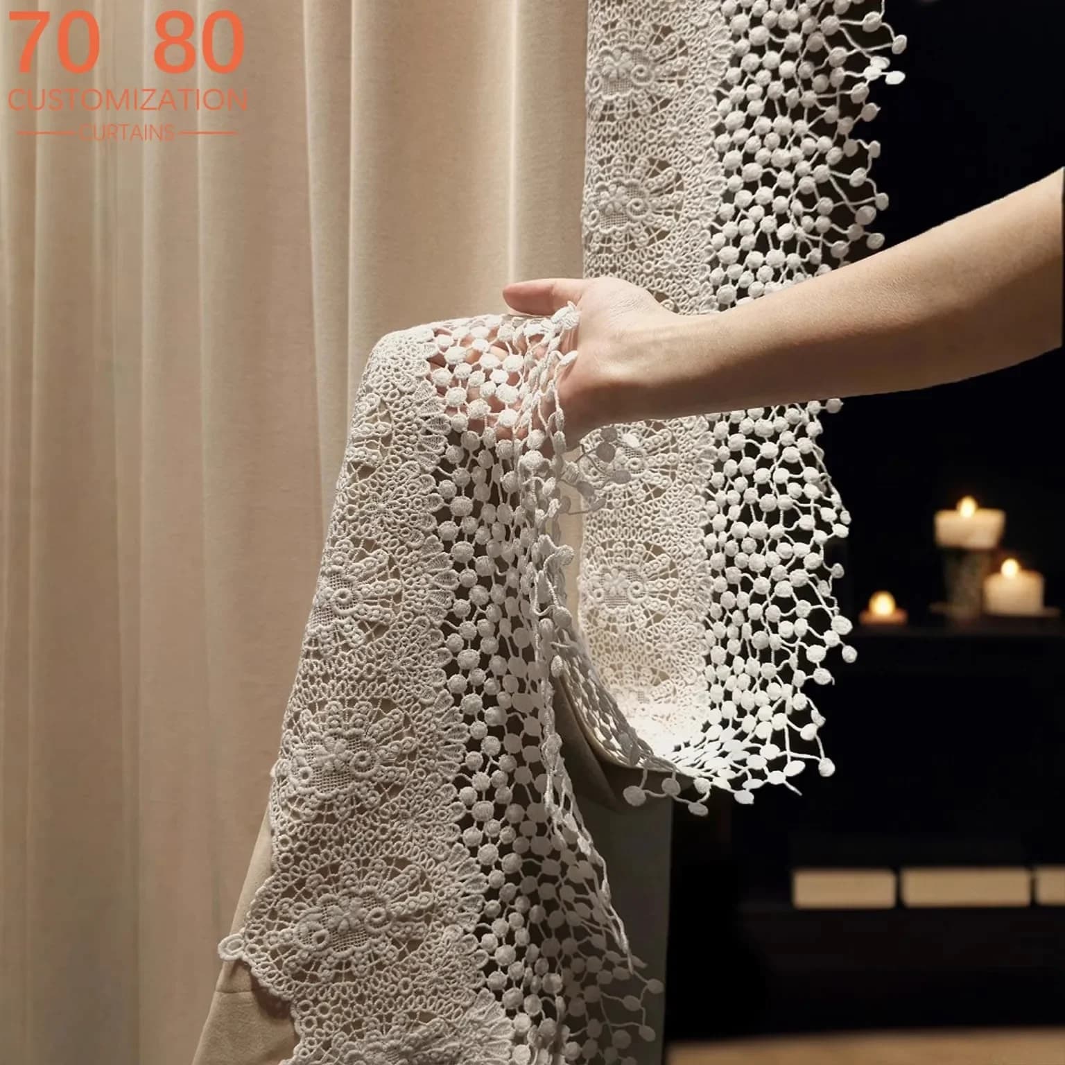 French Lace Splicing Milk Tea Velvet Curtains for Living Room Bedroom Balcony Customized French Window Villa Home Products