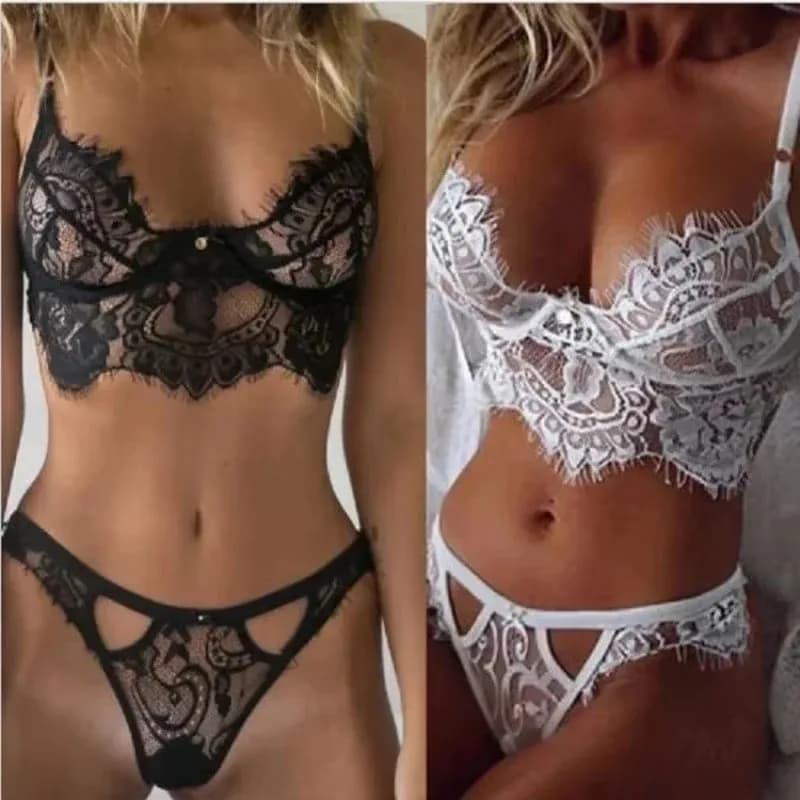 Completo Intimo Sexy in Pizzo Ultra Sottile, Set Reggiseno e Perizoma Trasparente Nero, Lingerie Hot da Donna