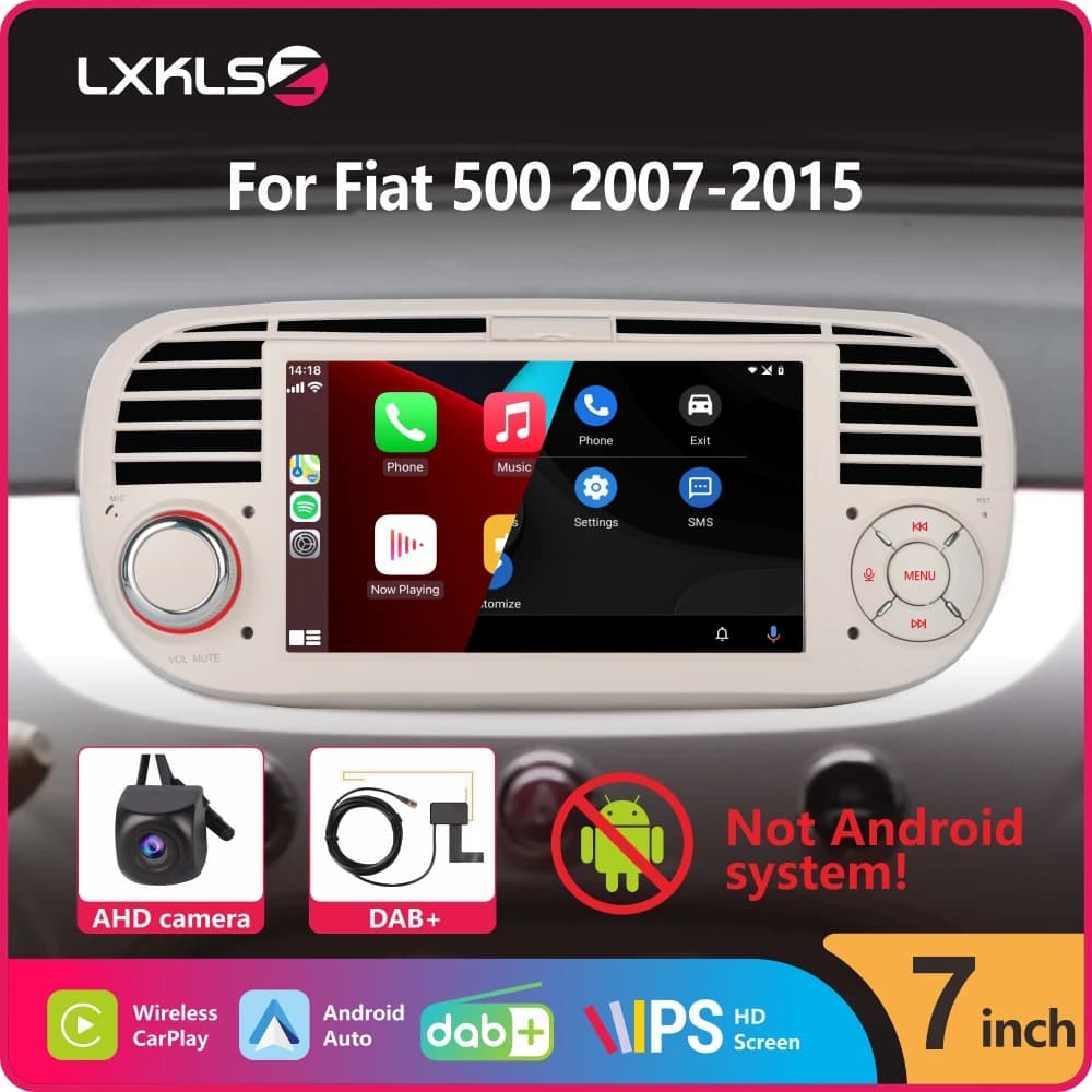 Autoradio touch screen IPS da 7" con carplay wireless DAB Android Auto ad alta potenza per Fiat 500 2007-2015 con telecamera posteriore AHD
