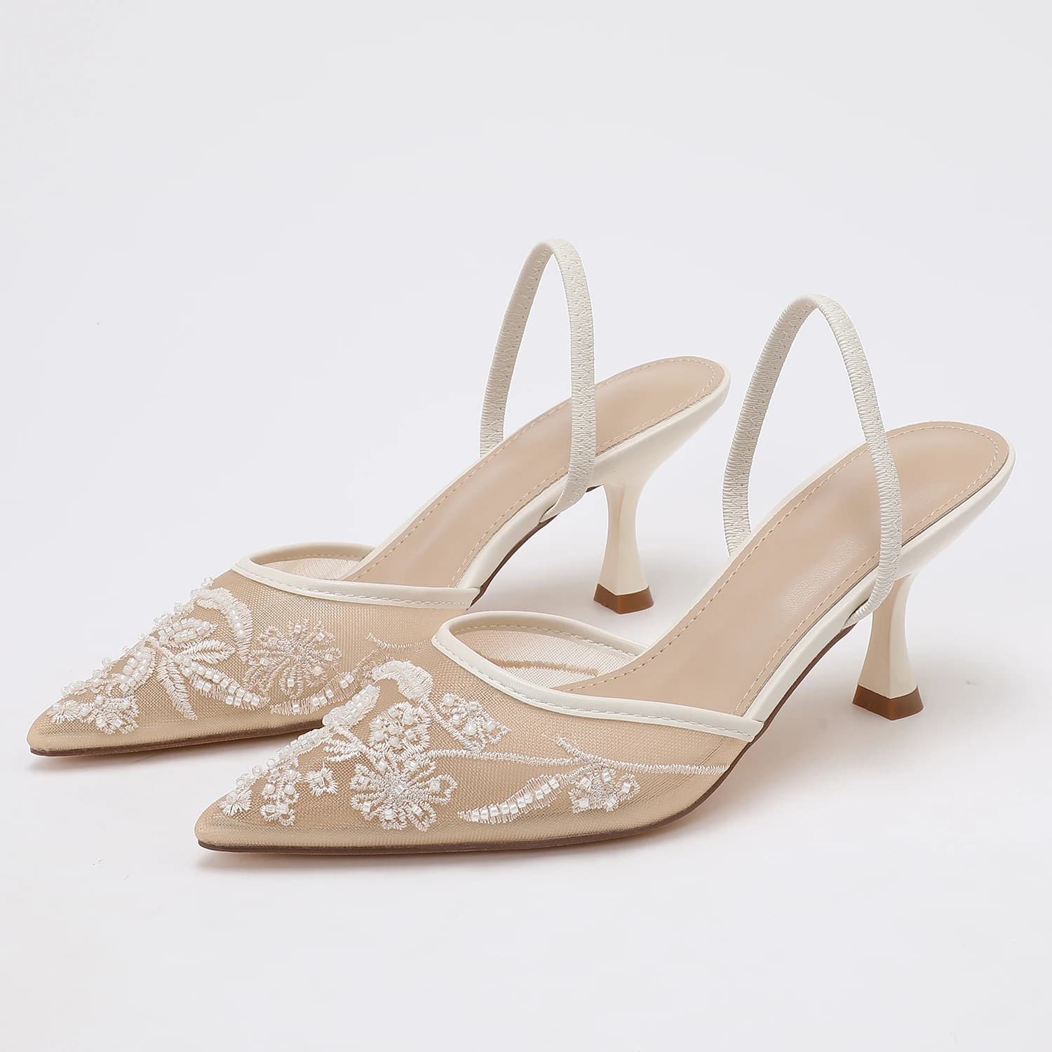 Elegant Lace Beaded Mesh Slingback 8cm Heels for Women Pointed Toe Mules Formal Wedding Bridal Cocktail Party