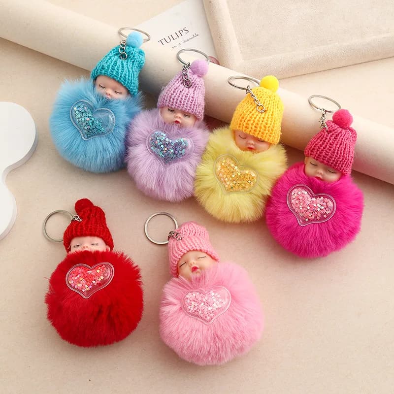 Cute Sleeping Doll Plush Pendant Keychain Faux Rabbit Fur Cartoon Sleep Doll Small Coal Ball Bag Decor Accessories Keychain Gfit