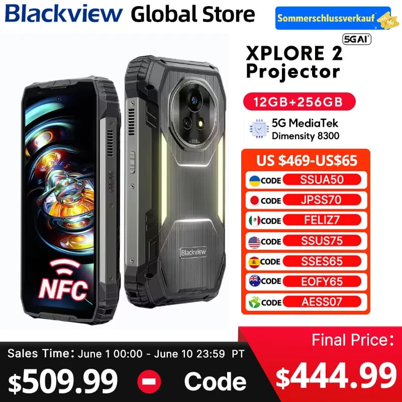 Blackview XPLORE 2 Proiettore 5G AI RuggedPhone MediaTek Dimensity 8300 6.73" 3.2K Display AMOLED 20000mAh 120W Caricabatterie Cellphon