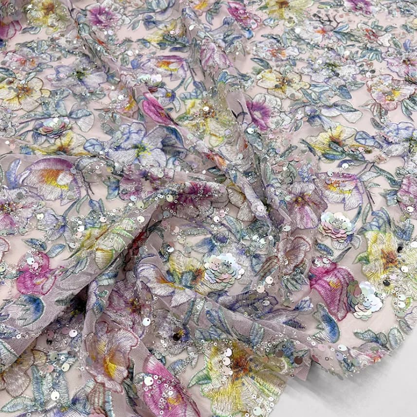 2 Yds 130cm Wide Pink Imperial Floral Fabric 3D Bead Embroidery Printed Tulle Ideal for Traditional Cheongsam Bridal Gowns F003