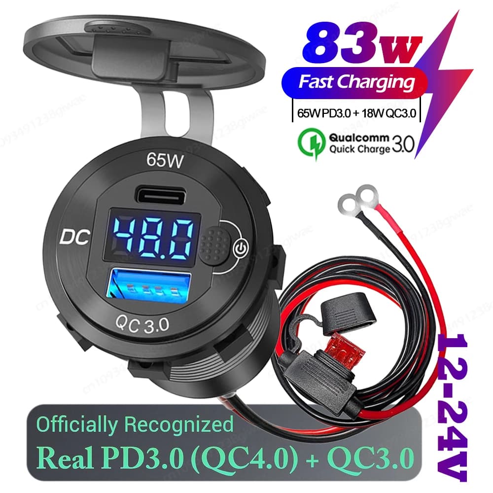 Caricatore per auto portatile in alluminio con presa USB 12V PD3.0 65W e QC3.0 Presa per porta USB da 18W Caricatore rapido per telefono impermeabile per autobus RV Truck
