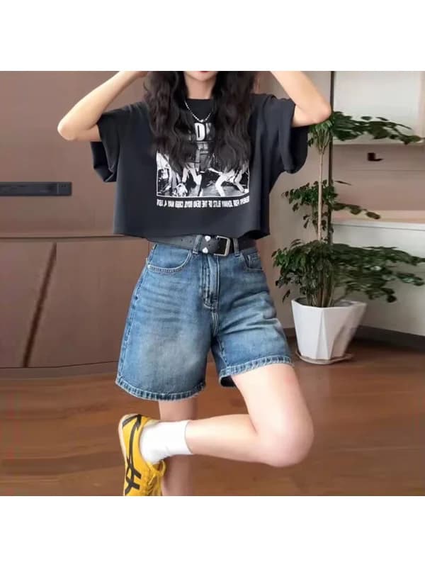 High Waist Wide Leg American Retro Denim Shorts Women Summer Slimming Loose Straight Five-Quarter Pants plus Size MM