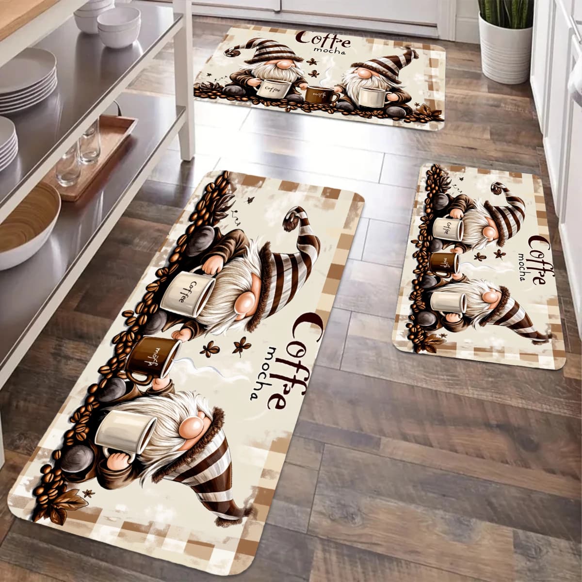 VIKAMA Farmhouse Coffee Theme Kitchen Rug Set Anti Slip Washable Mat Plaid Bean Cartoon Home Decor Floor Runner