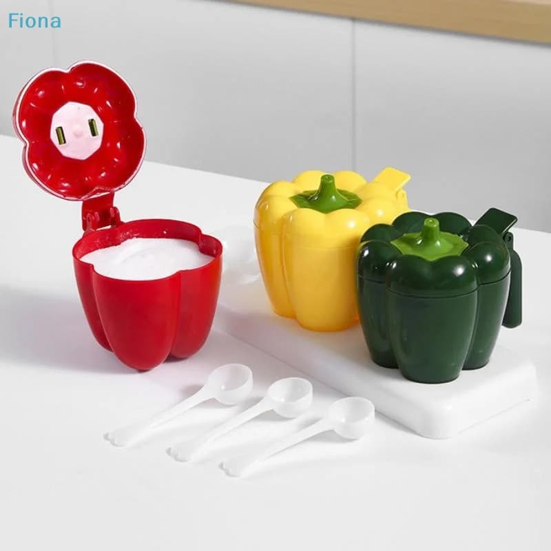 ✔ Contenitore per condimenti in plastica a forma di peperoncino, nuovo modello 2026, set da 3 pezzi per uso domestico, barattolo da cucina con manico e dosatore per sale con paletta