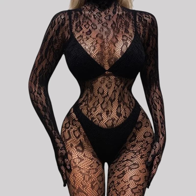 Toucheart Tuta sexy in rete Intimo da donna Tuta a maniche lunghe Top a rete con cavallo chiuso Prospettiva Tuta sexy