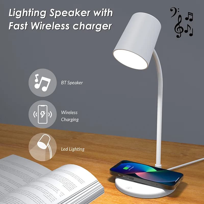 Lampada da scrivania altoparlante di ricarica wireless LED luce notturna da lettura a tre colori altoparlante Bluetooth con ricarica wireless per telefono cellulare da 10 W
