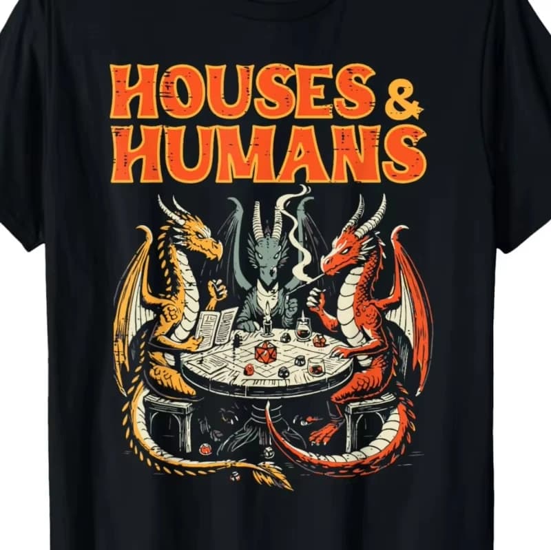 T-shirt divertente da uomo ispirata a Dungeons&Dragons - Maglietta da gioco con parodia RPG House&Humans e design di battaglia tra drago e mago