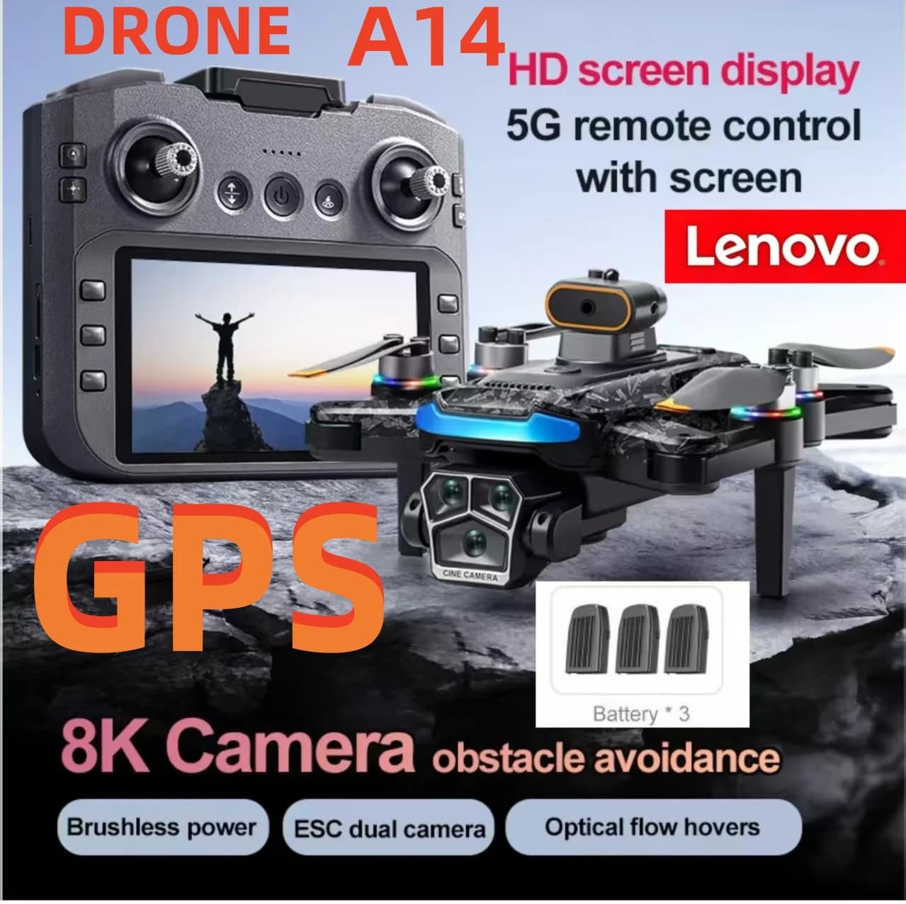 New lenovo GPS Drone A14 Pro Max brushless screen control obstacle avoidance optical Intelligent Remote Control Aircraft 10000m