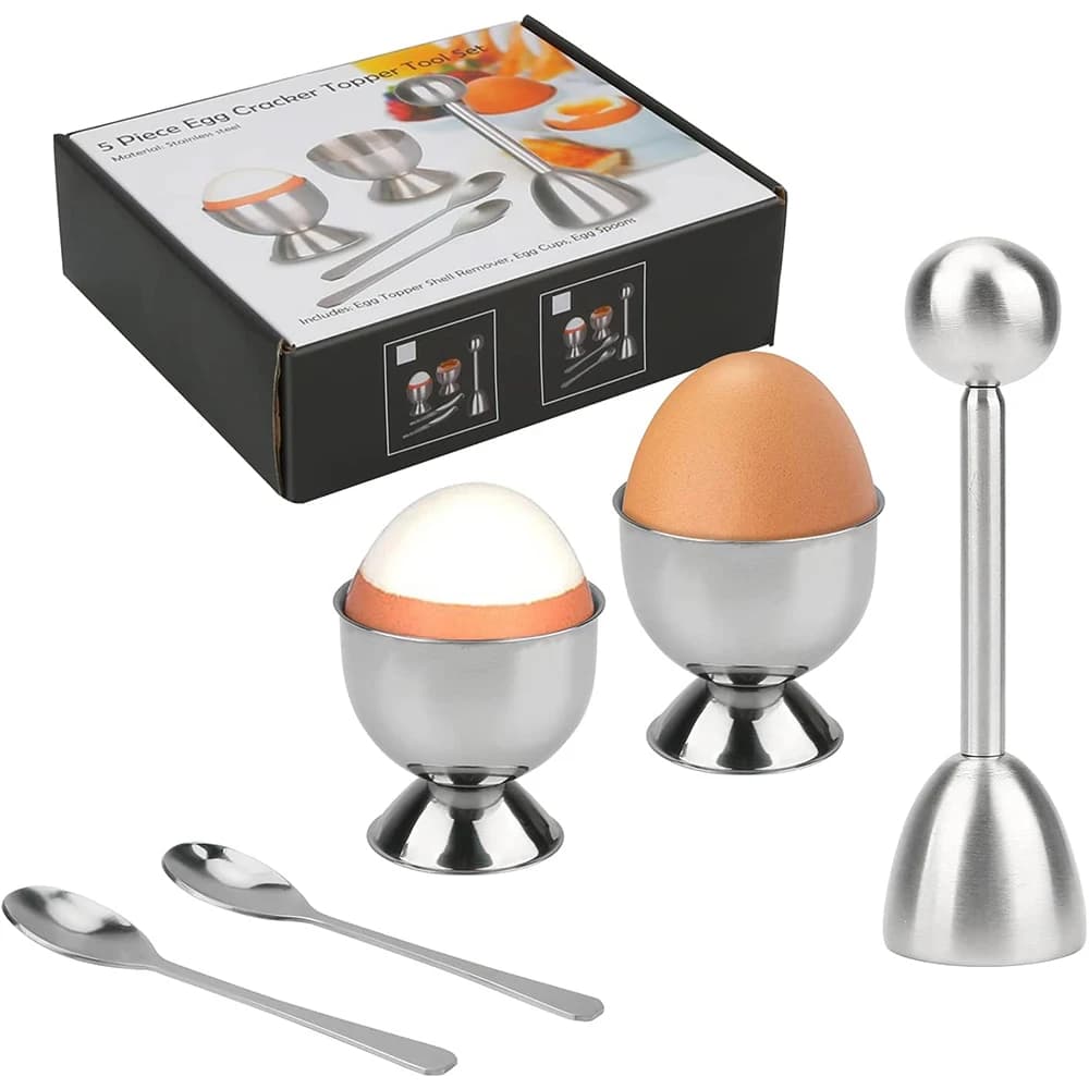 LMETJMA Set topper for egg crackers Soft and hard stainless steel egg separator with spoons Kitchen tools for eggs KC1013