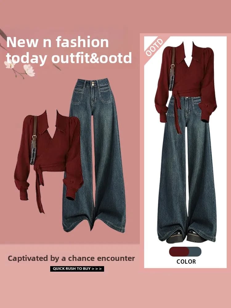 Set Due Pezzi Alla Moda per Donna: Maglione Lavorato a Maglia e Jeans a Gamba Dritta, Design Primaverile con Effetto Snellente
