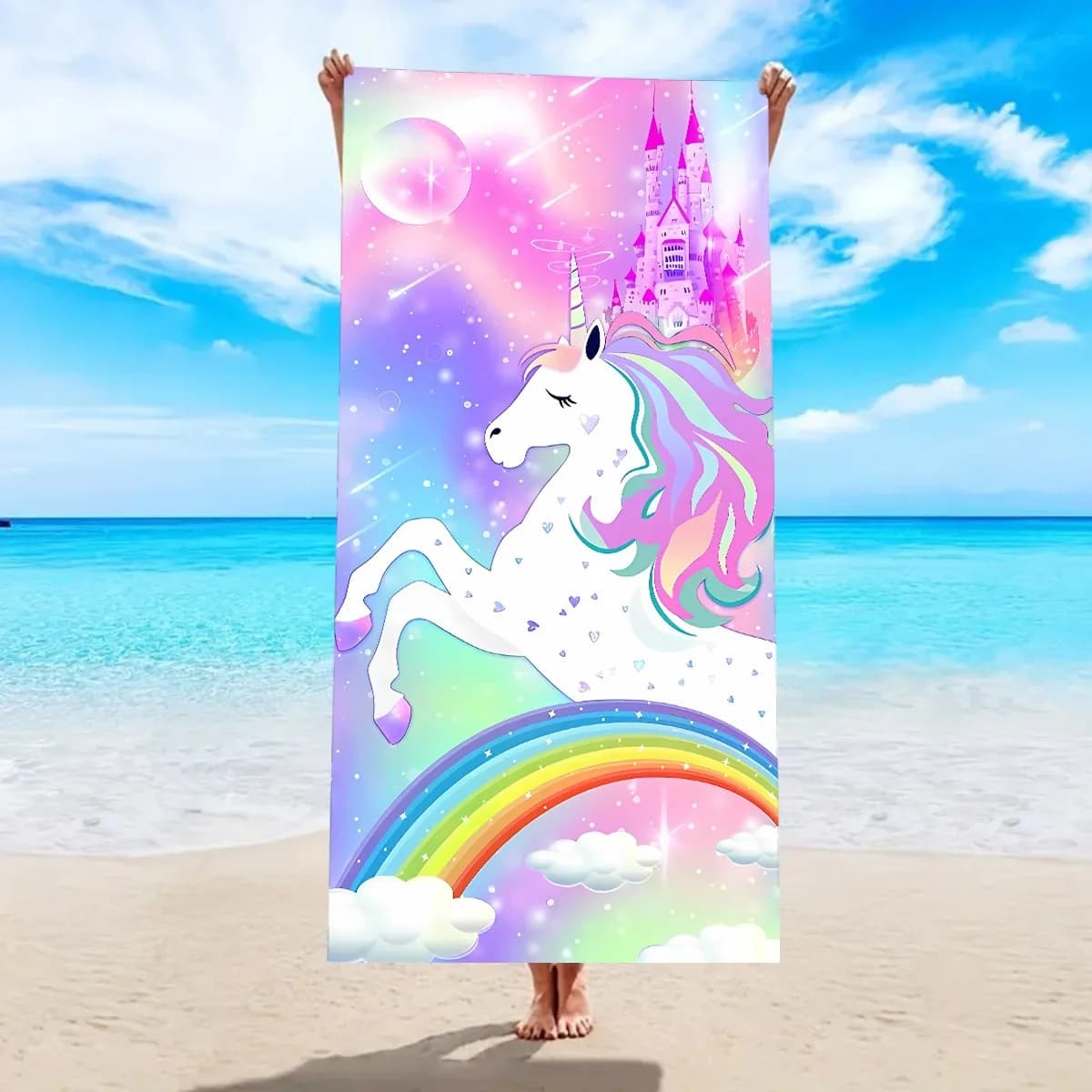 Asciugamano da spiaggia Magical Unicorn Rainbow Castle, asciugamano in microfibra, asciugamano morbido ad asciugatura rapida per bambini, ragazze, piscina, spiaggia, viaggi