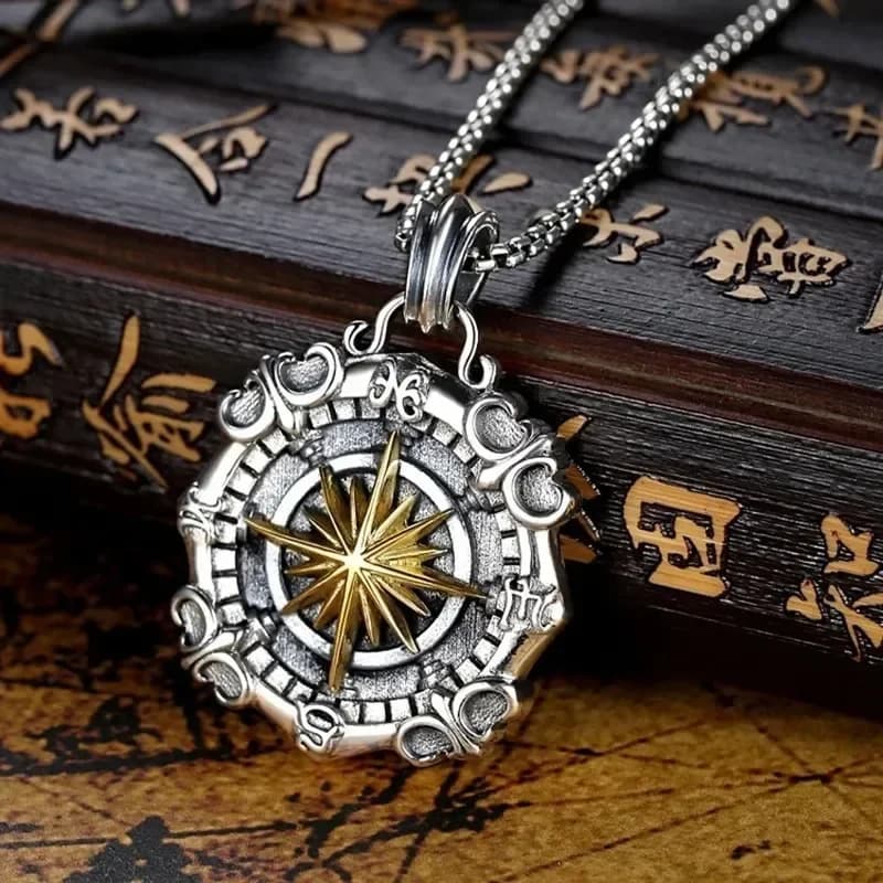 Collana da uomo placcata in argento - Ciondolo con ancora per barca a vela e bussola di mare stellata di marca alla moda, design personalizzato