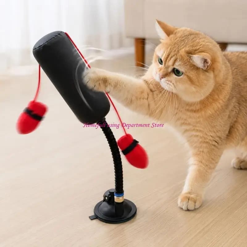 Cats Punching Bag Suction Cup Base Batting Wobble Toy with Spring Mounted Post, Soft Cloth Pad and Regular Indoor Movement