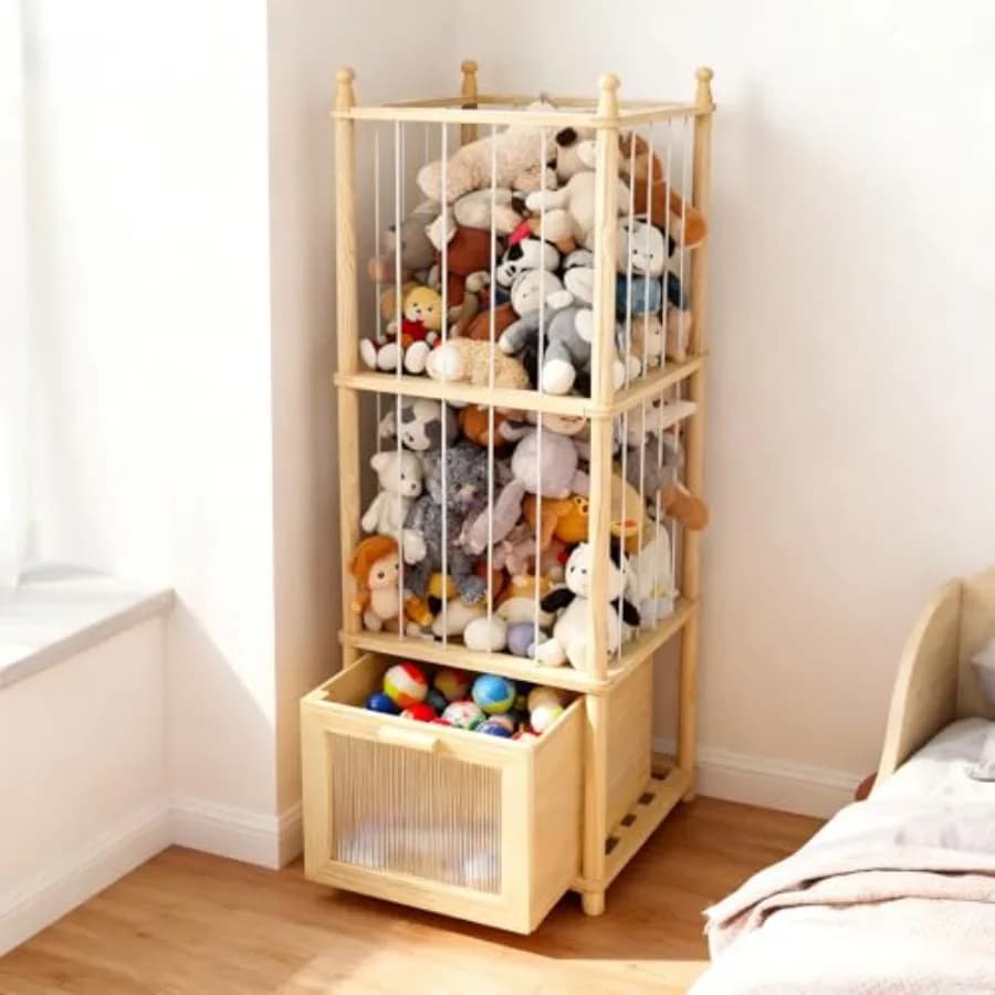 Organizzatore per Peluche con Cassetto Trasparente, Contenitore in Legno per Giocattoli di Peluche per Cameretta e Sala Giochi