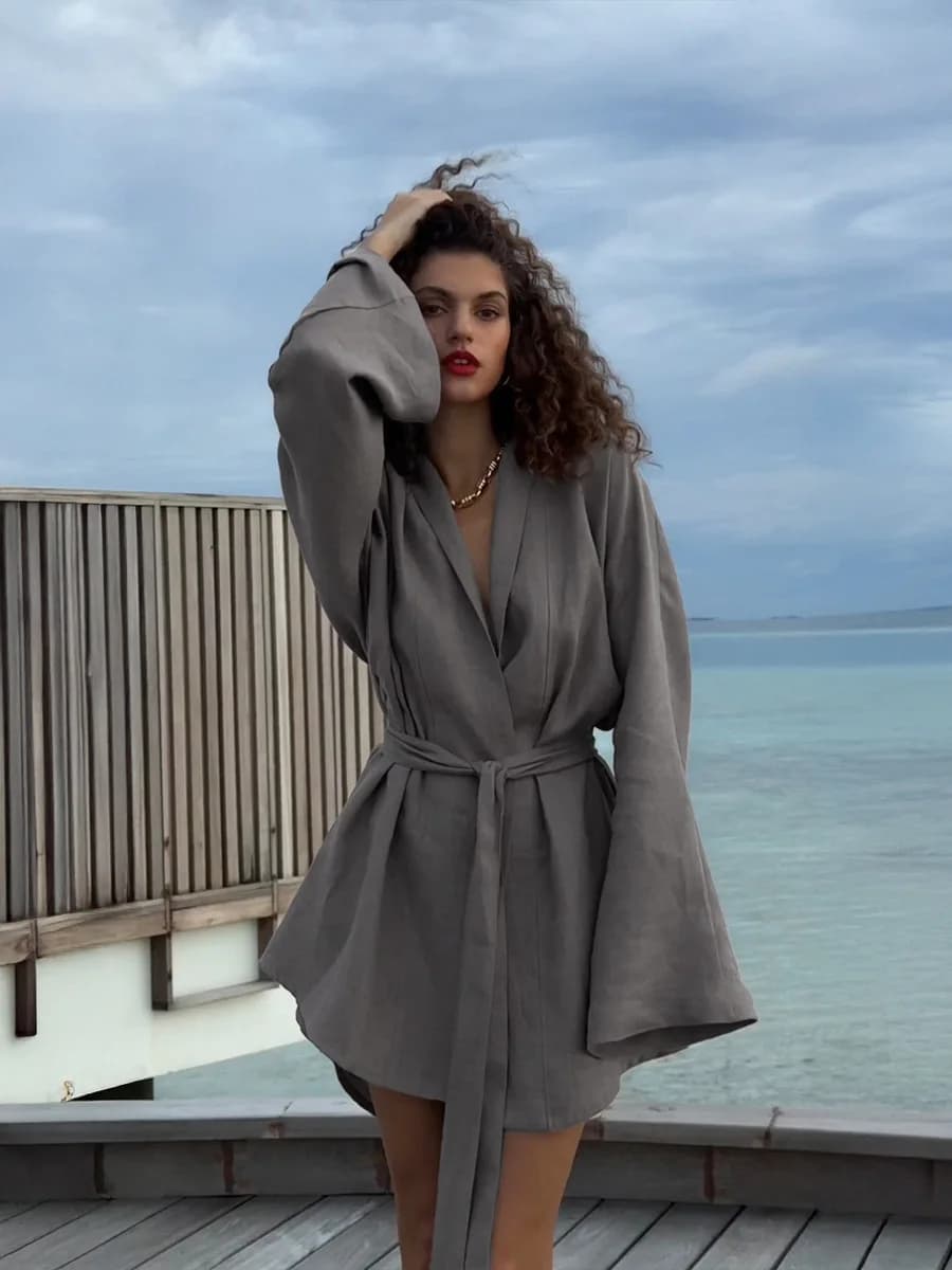 Wolfeel 2025 Autunno Estate Nuovo Abito in Lino di Cotone Abito da Donna in Pizzo a Maniche Lunghe Abito da Spiaggia Casual E Confortevole
