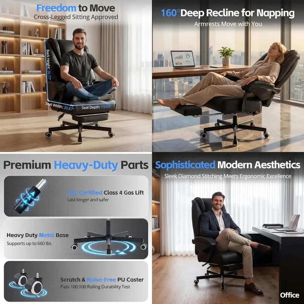 Ergonomic High-Back Gaming Chair for Adults, Plush Leather Seat with Footrest and Lumbar Support (Black)