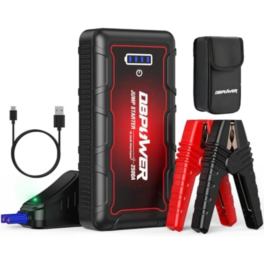 Avviatore di emergenza portatile per auto per motori a benzina 10L/diesel 8L, agli ioni di litio, nero, potenza di picco 2500A con morsetti intelligenti e luce LED