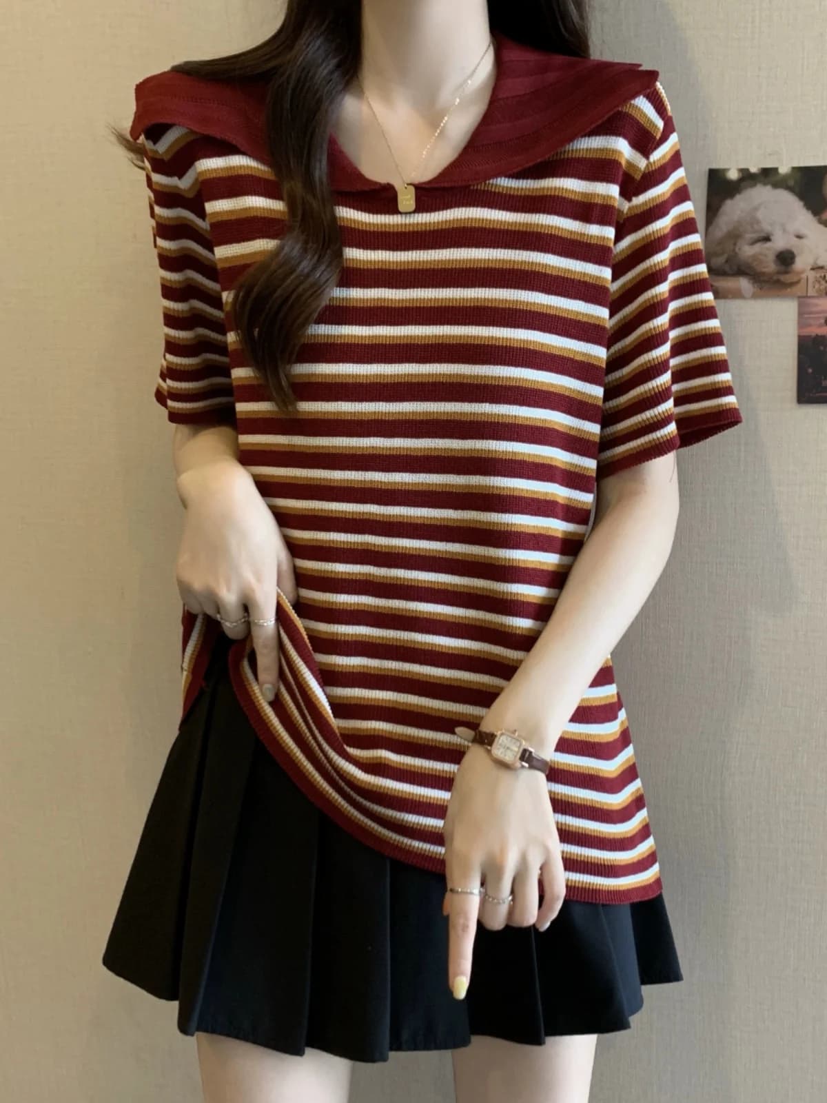 Red Ice Silk Short Sleeve T-Shirt Women's Summer plus Size Stripe Base Shirt Slimming Concealing Unique Top Korean Style