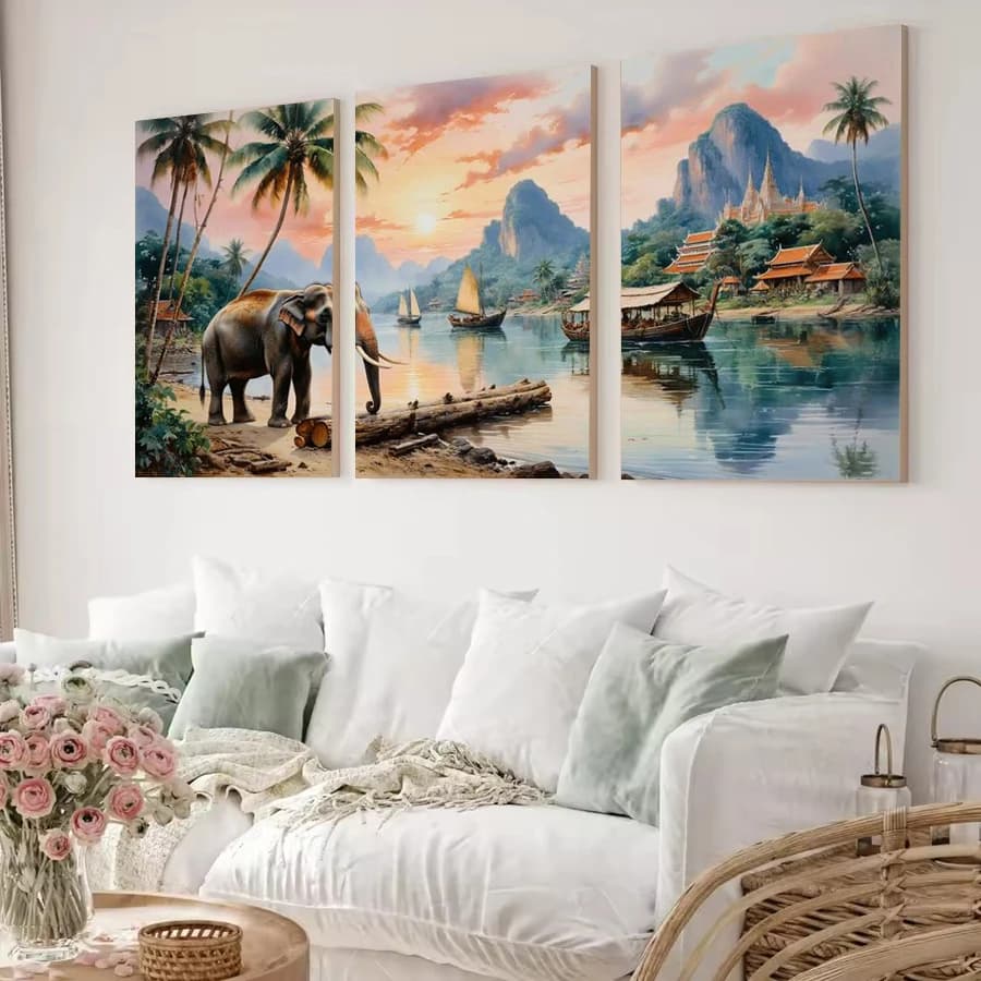 Mountains and Rivers Picture Diy Diamond Art Painting Triptych Sailboats Elephants Full Mosaic Embroidery Kits 3 Pieces/Set