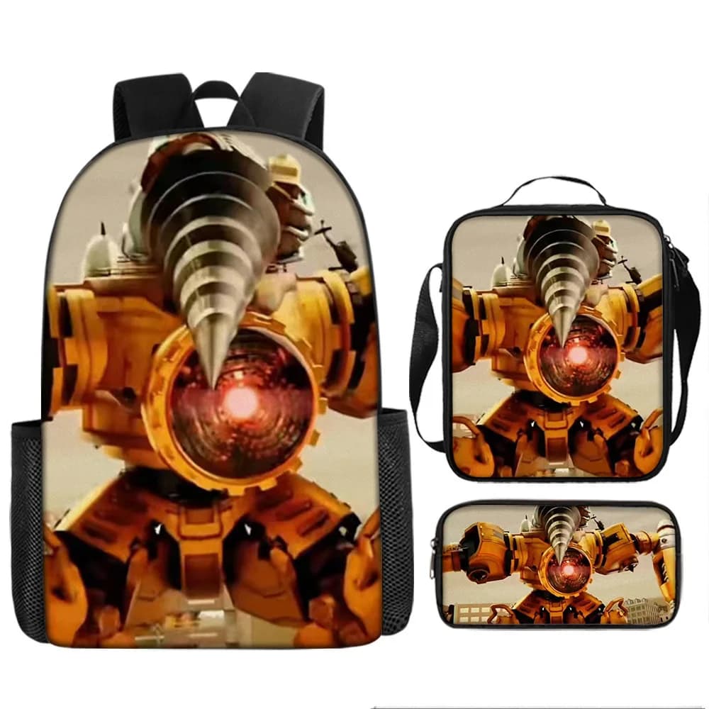 Youthful Titan Electric Driller Skibidi toilet 3D Print 3pcs/Set Travel bags Laptop Daypack Backpack Lunch Bag Pencil Case