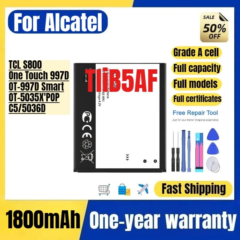 Batteria di Ricambio TliB5AF per Alcatel TCL S800/One Touch 997D/OT-997D Smart OT-5035X'POP/C5/5036D, Celle di Grado A