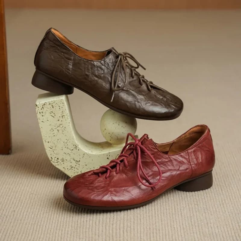 Elegant Red Genuine Leather Lace Up Women Loafers Fashion Round-Toe Chunky Heel Shoes Light Non-slip Casual Shoes Office Shoes