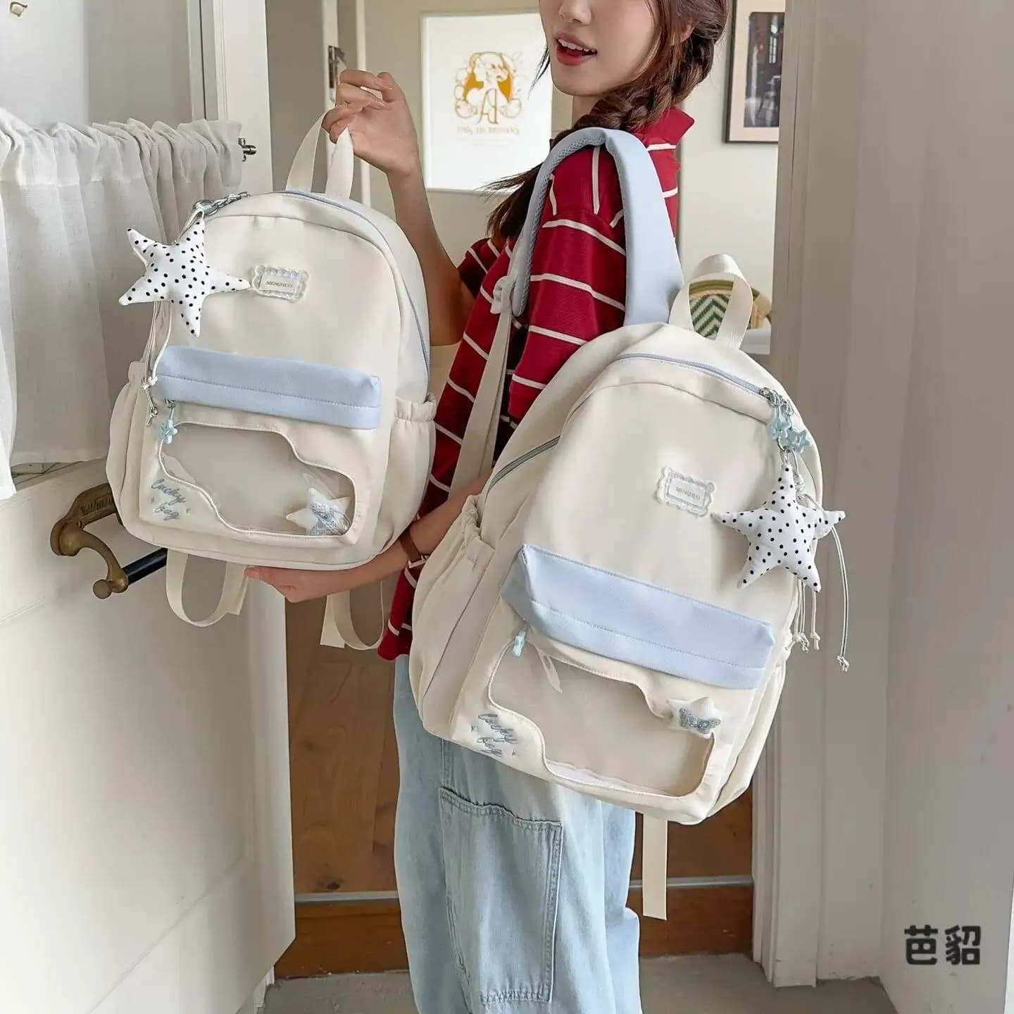 Women's Lightweight Transparent School Backpack Casual Simple Style Double Shoulder Bag for Junior And High School Students