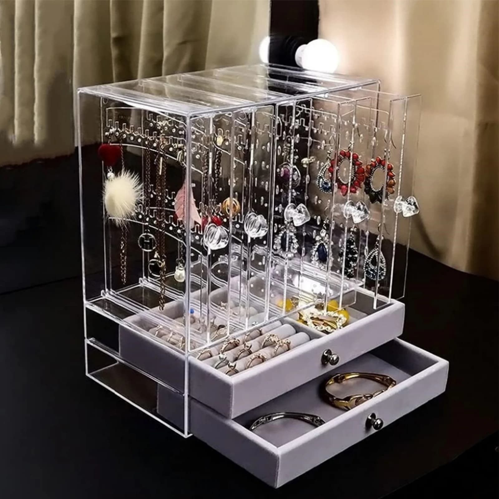 Jewelry box, desk organizer with removable drawers, transparent shelf for earrings