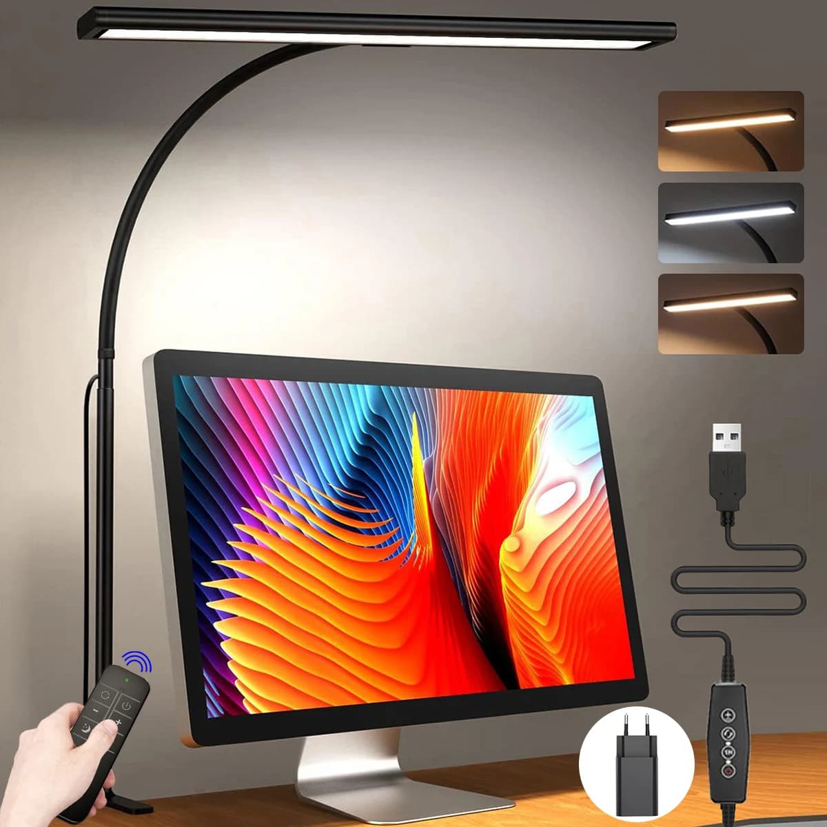 Lampada da scrivania a LED Lampada da scrivania accattivante Lampada da lettura a collo di cigno flessibile regolabile con telecomando dimmerabile per ufficio domestico