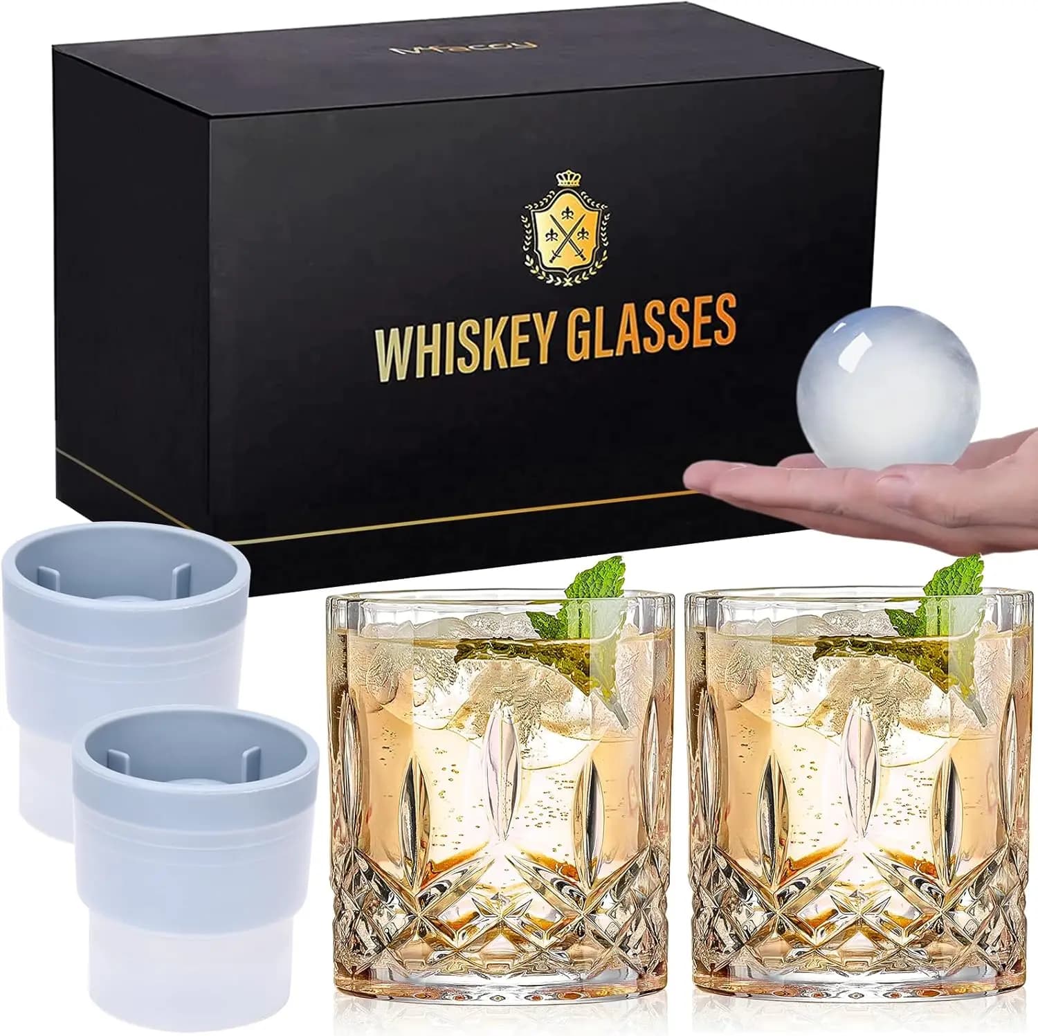 Set di 4 Bicchieri Vintage per Whisky con Stampi per Sfere di Ghiaccio in Confezione Regalo - 11 Oz, Accessori da Bar per Cocktail e Liquori