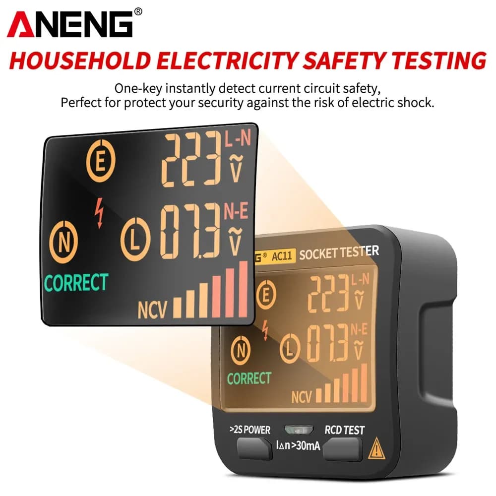 Tester per Prese Elettriche AC11, Rilevatore di Tensione, Tester per Terra, Neutro, Fase, RCD, NCV, con Spine US/UK/EU/AU