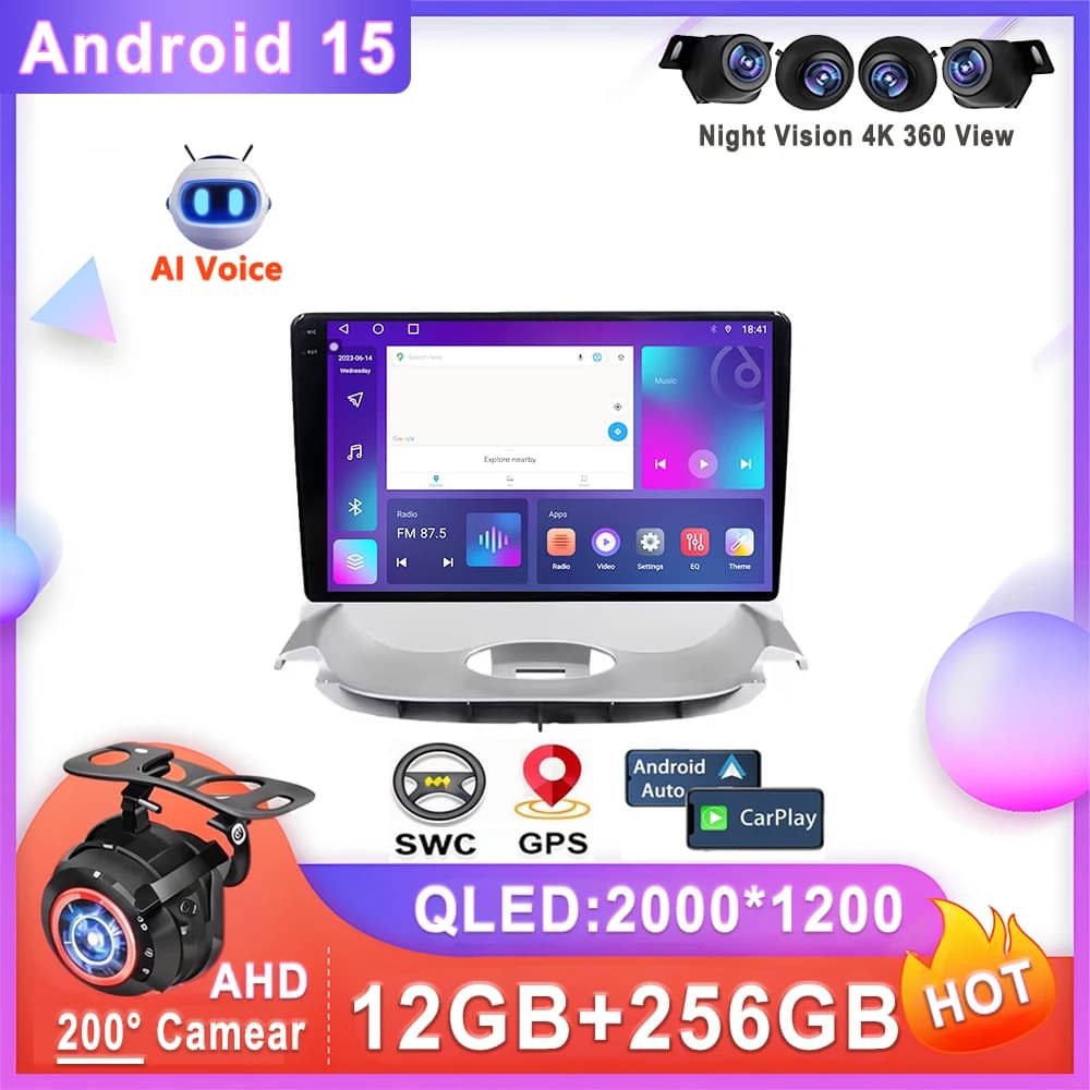 Autoradio Android 15 per Peugeot 206 T13 T16 T12 (1998-2012) - Unità Principale Multimediale con Schermo, Navigazione e Dash Cam
