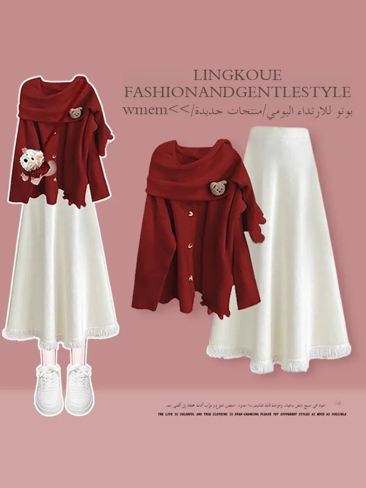Completo da donna in stile carino, rosso natalizio, composto da maglione snellente e gonna midi a vita alta, taglie forti, moda autunno inverno.