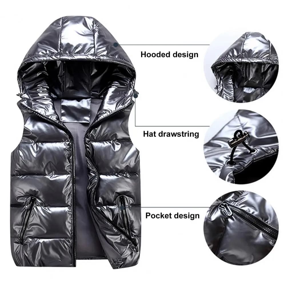 Gilet da uomo in cotone Autunno Inverno con cappuccio senza maniche con cerniera Giacca con abbottonatura Finitura lucida Gilet trapuntato Cappotto Capispalla logio