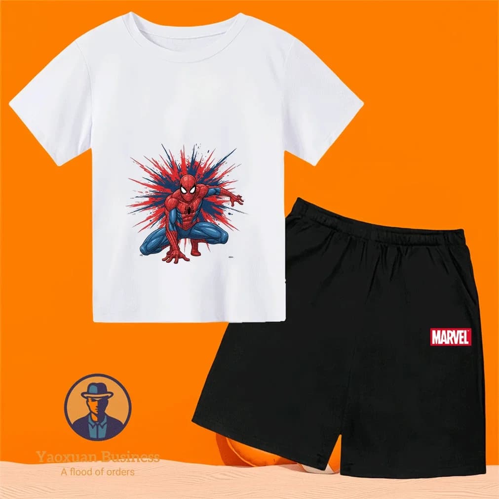 Tuta Sportiva Estiva per Bambini con Stampa Cartoon Spider-Man Marvel, Completo Due Pezzi alla Moda per Bambini, Vendita Calda