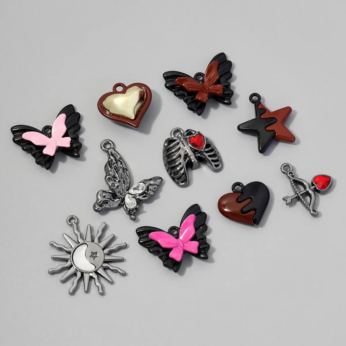 7pcs/lot High Polished Heart Arrow Rib Cage Skeleton DIY Charm Zinc Alloy Enamel Butterfly Necklace Pendant Women Gothic Jewelry