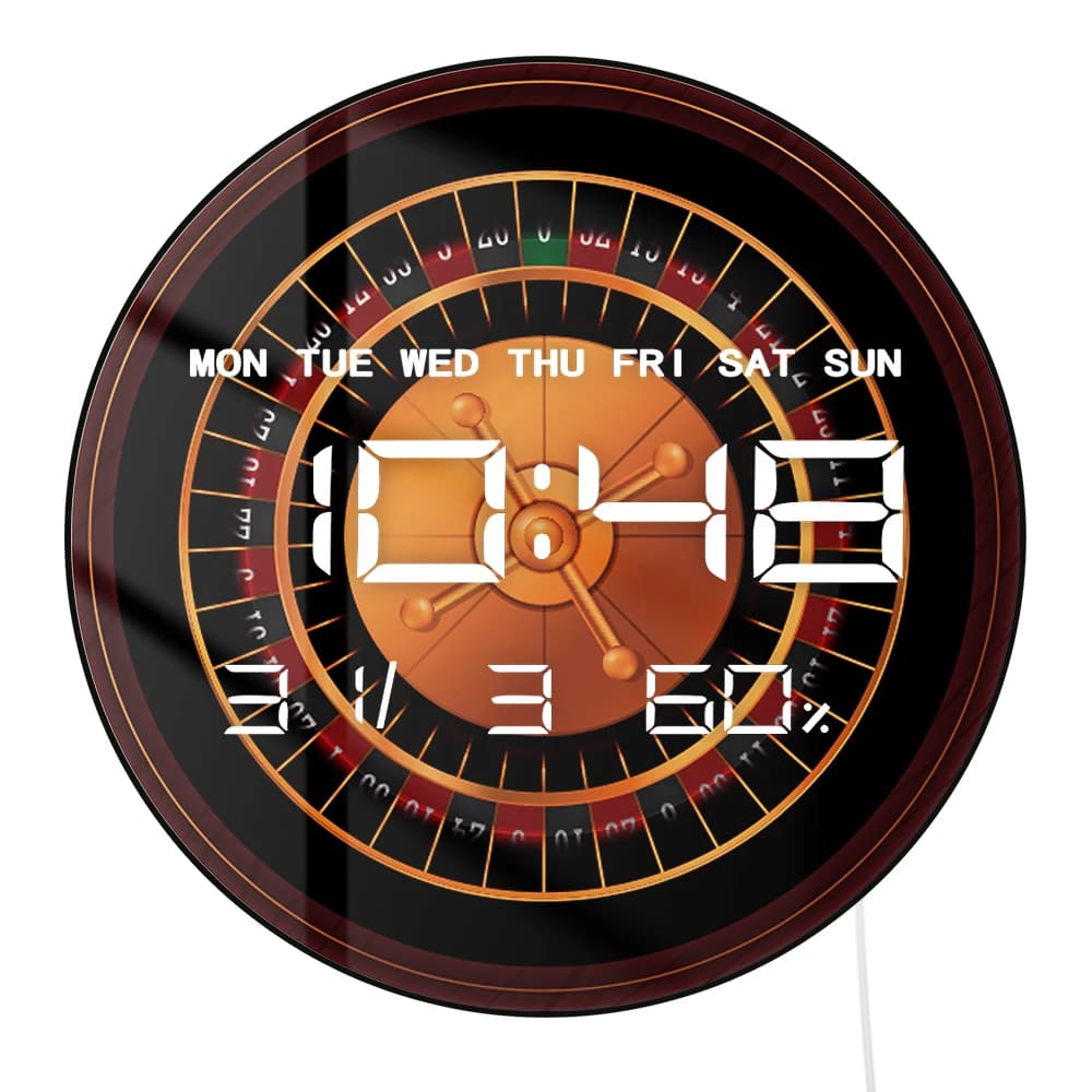 Casino Gambling Roulette Large LED Digital Clock Wall Desk Use 12/24H Electronic Wall Clock with Calendar Timer Date Temperature