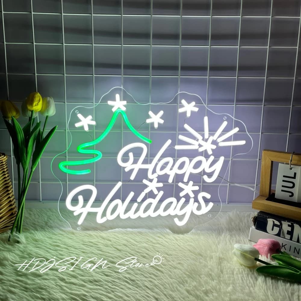 Happy Holiday Neon Sign Decorazioni per l'albero di Natale Home Shop Party Room Decor Lampada da parete USB a luce al neon a LED Illuminazione a LED