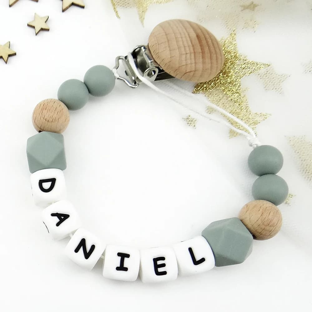 Clip per ciuccio con nome personalizzato fatto a mano Lettere in silicone Catena per dentizione sicura Massaggiagengive per bambini Clip per ciuccio ecologico Regalo