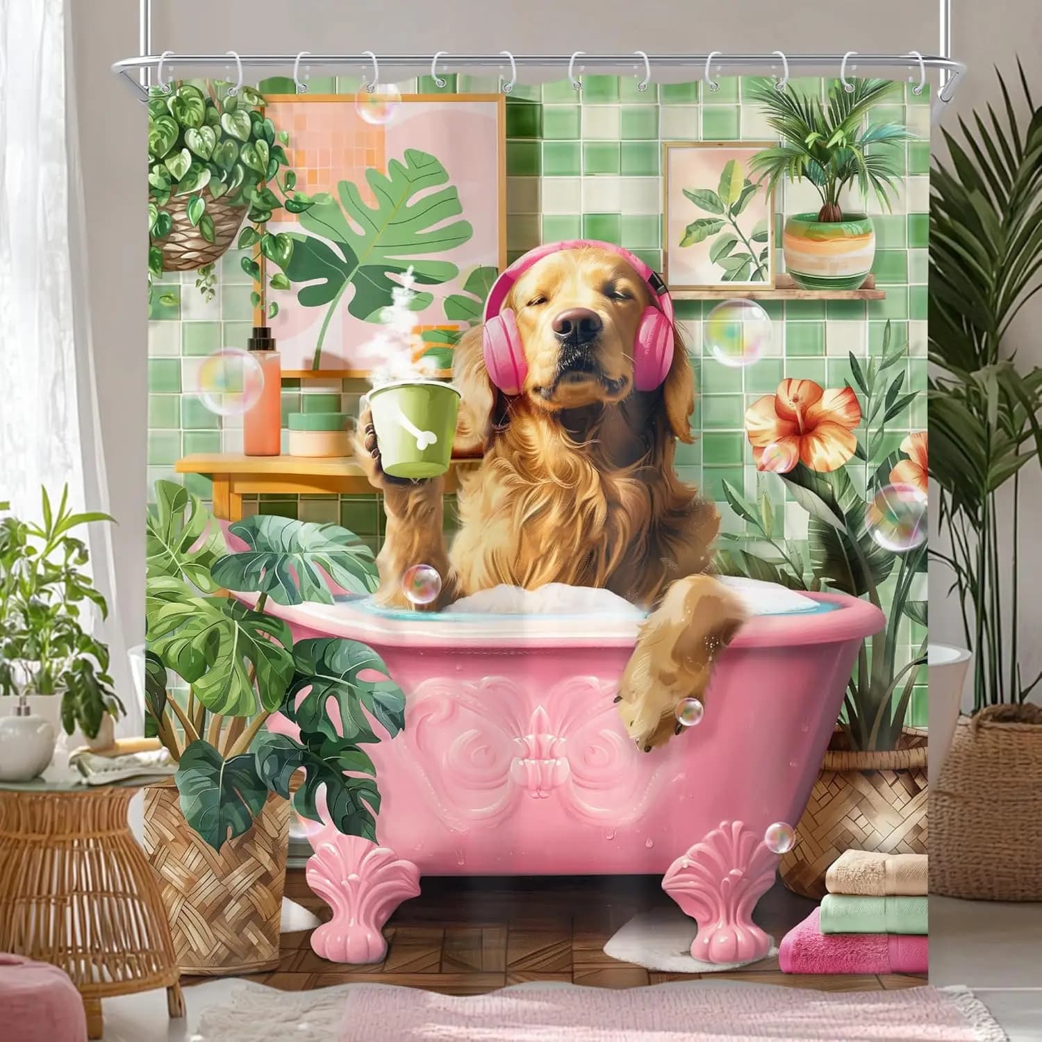 Tenda da doccia con Golden Retriever e cuffie rosa, per vasca da bagno, con tazza e sfondo con piante tropicali, per decorazioni del bagno