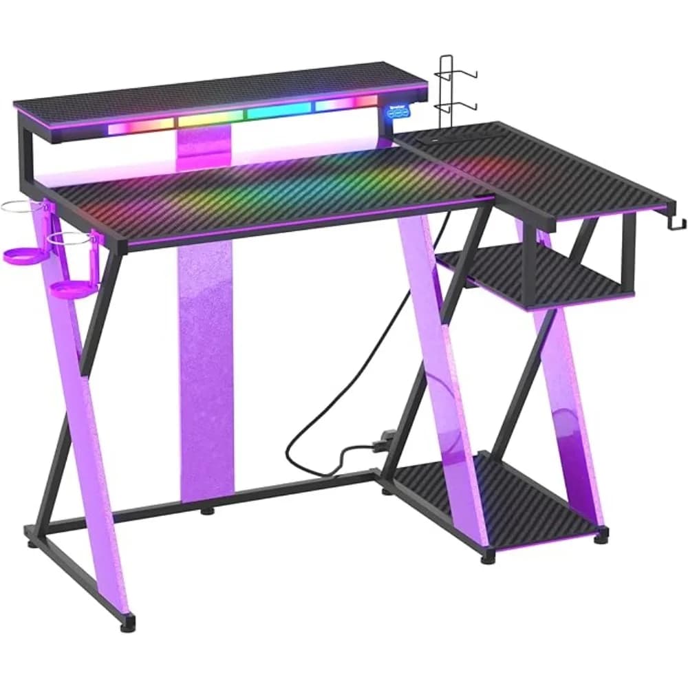Computer Desk with Music Sync Light, low Vibe Gaming Desk with Monitor Stand and PS5 Storage Shelves, Cup Holders, and set Hooks
