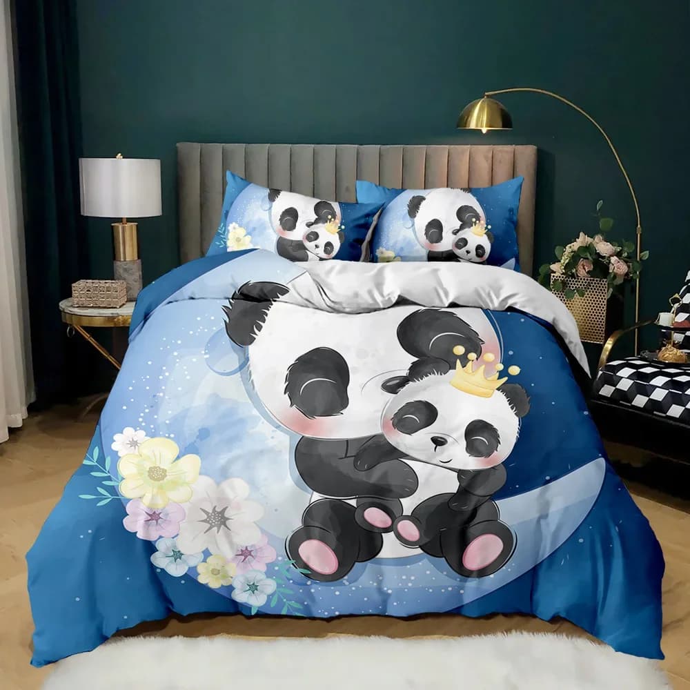Copripiumino Panda Set di biancheria da letto per animali carini per bambini Ragazzi Ragazza Cartone animato Panda gigante Copripiumino in poliestere Orso stampato Fauna selvatica